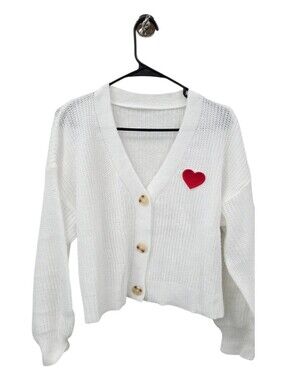 White V-Neck Button Cardigan with Red Heart Accent oversized medium